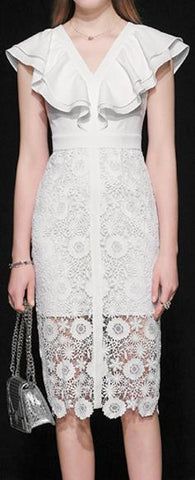 Ruffled Lace Midi Dress in White