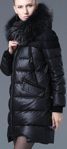 Fur-Hooded Down Puffer Coat, Black