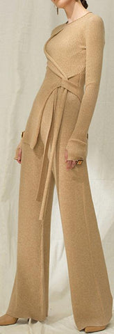 Ribbed Knit Wrap-Sweater and Wide-Pant Set - Light Camel or Grey
