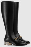 Horsebit Leather Knee Boots with Crystals