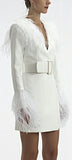 Belted Feather-Trim Blazer-Dress - White or Black