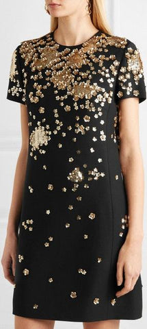 Crew-Neck Short-Sleeve A-Line Dress with Floral Paillettes