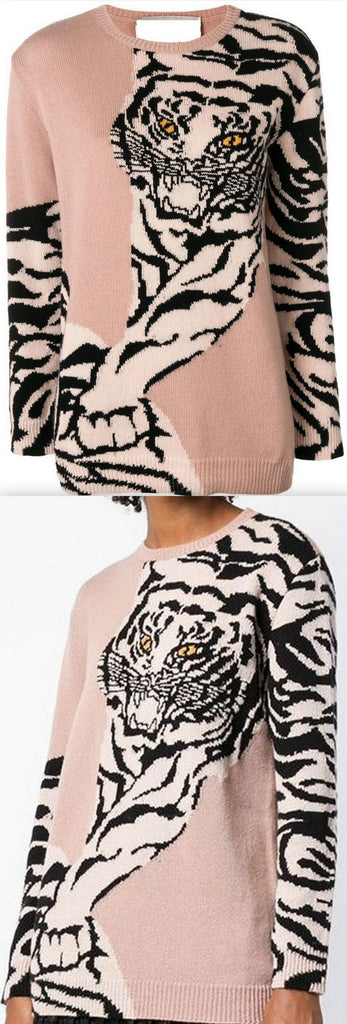Tiger Intarsia Sweater, Pale Pink
