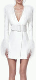 Belted Feather-Trim Blazer-Dress - White or Black
