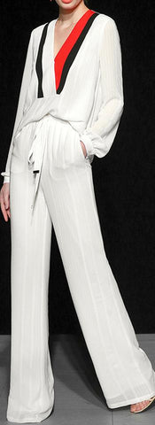 Color-Block V-Neck Blouse and Wide Leg Pant Set