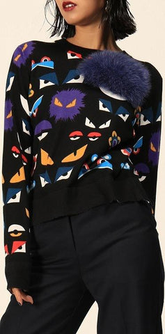 Bug Eyes Print Knit Sweater with Fur Patch