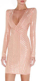 Long Sleeve Metallic-Stripe V-Neck Pink Stretch Short Dress - DESIGNER INSPIRED FASHIONS