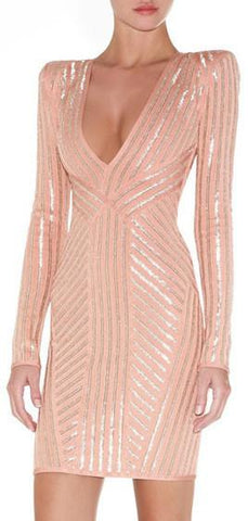 Long Sleeve Metallic-Stripe V-Neck Pink Stretch Short Dress - DESIGNER INSPIRED FASHIONS