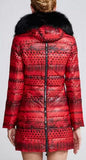Printed Paneled Puffer Coat, Red