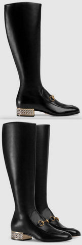 Horsebit Leather Knee Boots with Crystals