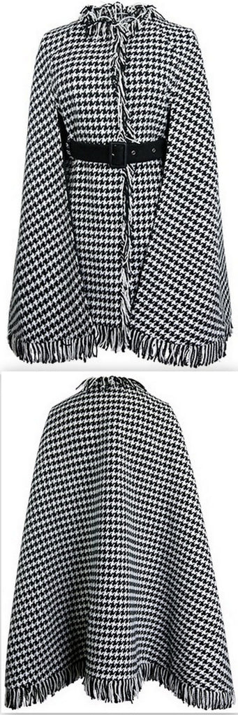 Houndstooth Fringed Poncho Coat