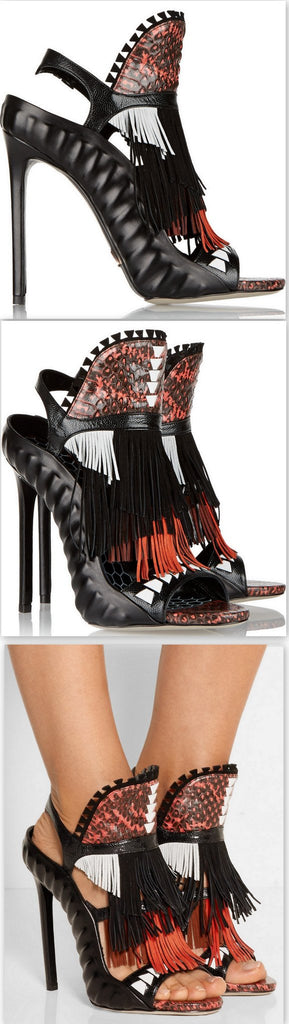 'Shima' Fringed Suede, Elaphe And Leather Slingback Sandals - DESIGNER INSPIRED FASHIONS