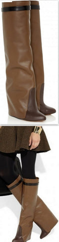 Knee Wedge Brown Leather Boots - DESIGNER INSPIRED FASHIONS