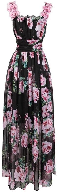 Rose Print Chiffon Maxi Dress