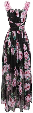 Rose Print Chiffon Maxi Dress