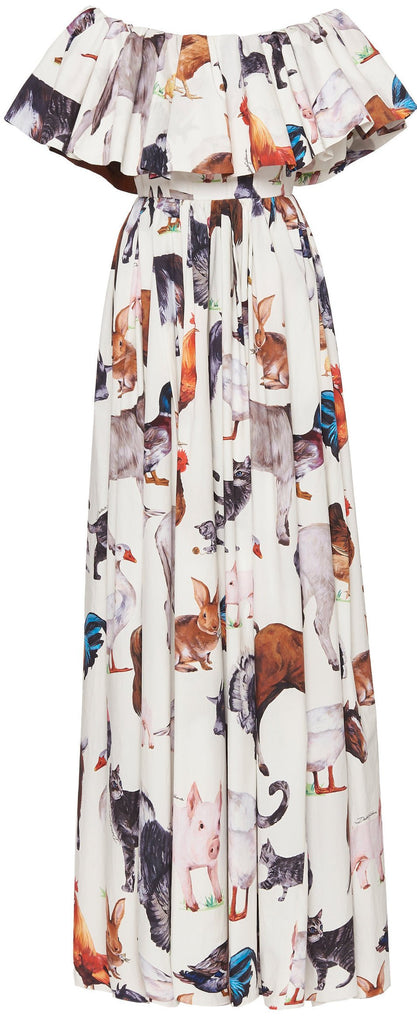 Animal-Printed Poplin Off-Shoulder Dress