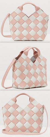 Pink And White Woven Basket Gingham Mini Leather Bag