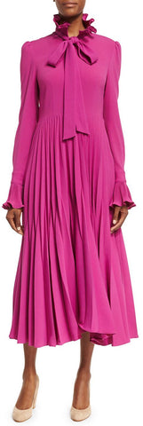 Reverse-Pleated Necktie Midi Dress, Magenta