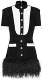 Feather-Trimmed Tweed Mini Dress