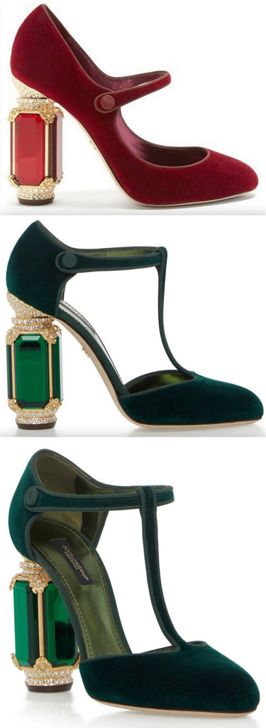 Velvet Mary Jane Pumps with Jewel Heel - Red or Green
