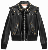 Studded Leather Ruffle-Trim Bomber Jacket - DESIGNER INSPIRED FASHIONS