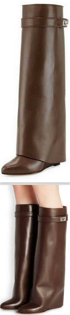 'Shark Lock' Wedge Knee Leather Boots in Chocolate Brown - DESIGNER INSPIRED FASHIONS
