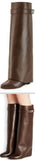 'Shark Lock' Wedge Knee Leather Boots in Chocolate Brown - DESIGNER INSPIRED FASHIONS