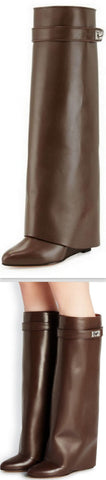 'Shark Lock' Wedge Knee Leather Boots in Chocolate Brown - DESIGNER INSPIRED FASHIONS