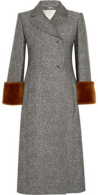 Grey Shearling-Trim Wool-Blend Coat
