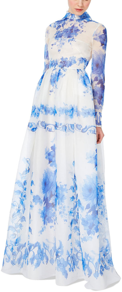 Blue Floral-Print Silk-Blend Gown