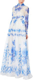 Blue Floral-Print Silk-Blend Gown