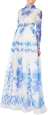 Blue Floral-Print Silk-Blend Gown
