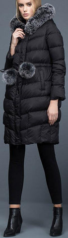 Thick Puffer Coat with Fur Trim Hood and Pom Poms, Black