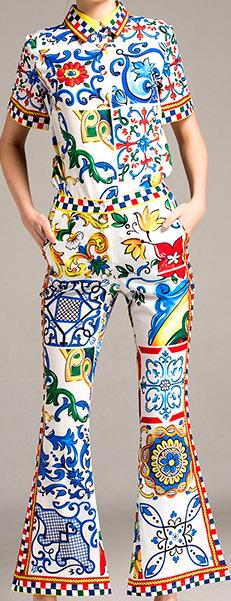 Tile Print Short-Sleeve Shirt and Flared-Leg Pant Set