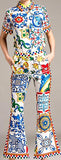 Tile Print Short-Sleeve Shirt and Flared-Leg Pant Set