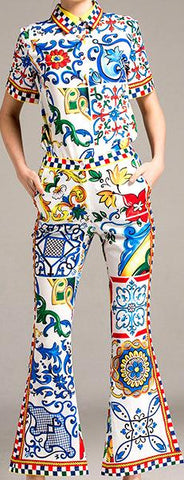 Tile Print Short-Sleeve Shirt and Flared-Leg Pant Set