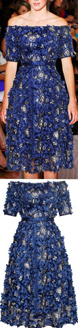 Blue Floral Appliques Off-the-Shoulder Dress