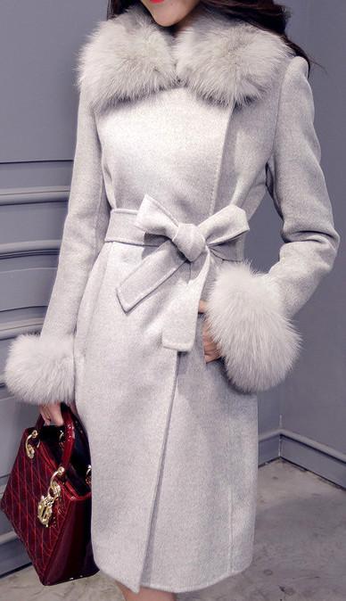 Fur-Trim Wool Wrap Coat - (Grey, Pink, Light Brown) - DESIGNER INSPIRED FASHIONS