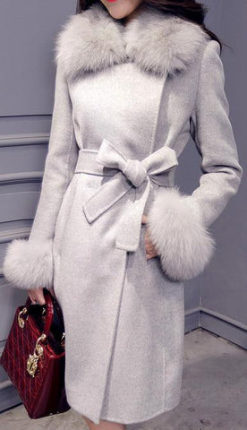 Fur-Trim Wool Wrap Coat - (Grey, Pink, Light Brown) - DESIGNER INSPIRED FASHIONS