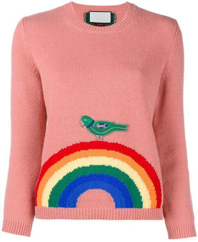 Embroidered Rainbow Knit Sweater in Pink - DESIGNER INSPIRED FASHIONS