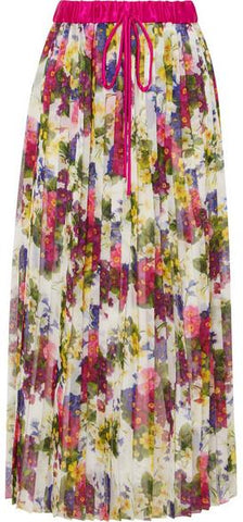 Pleated Printed Chiffon Midi Skirt