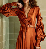 Fluid Satin Keyhole Midi Dress, Orange