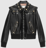 Studded Leather Ruffle-Trim Bomber Jacket - DESIGNER INSPIRED FASHIONS
