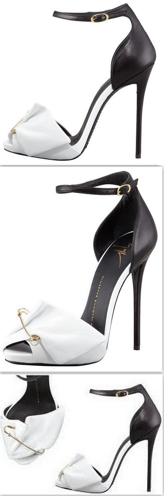Safety Pin Leather Sandals in Black & White - DESIGNER INSPIRED FASHIONS