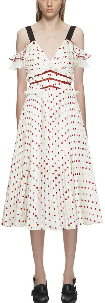 Cold-Shoulder Satin Polka Dot Dress