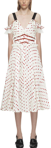 Cold-Shoulder Satin Polka Dot Dress