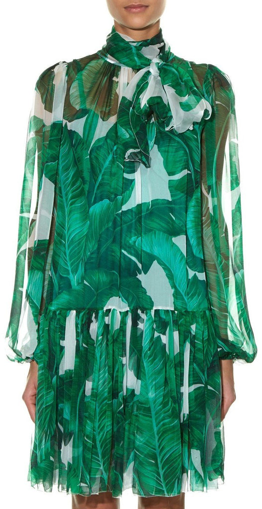 Banana Leaf Print Tie-Neck Chiffon Dress - DESIGNER INSPIRED FASHIONS