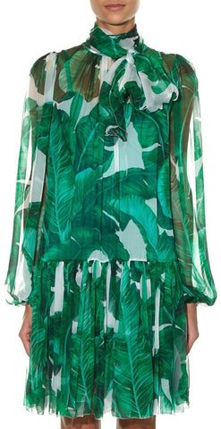 Banana Leaf Print Tie-Neck Chiffon Dress - DESIGNER INSPIRED FASHIONS