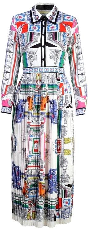 Printed Pleated Maxi Shirt Dress with Embellished Collar
