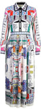 Printed Pleated Maxi Shirt Dress with Embellished Collar